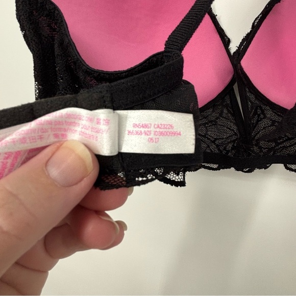 VS Victoria’s Secret pink / black date Push up bra Lace Bralette Large plunge - Picture 3 of 6